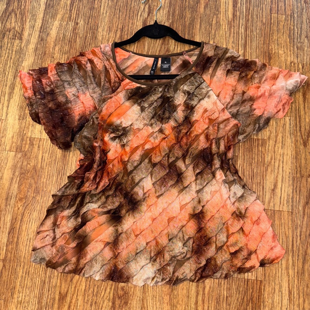 New Directions Top Blouse Textured Ruffle Size XL Short Sleeve Y2K Forest Fairy